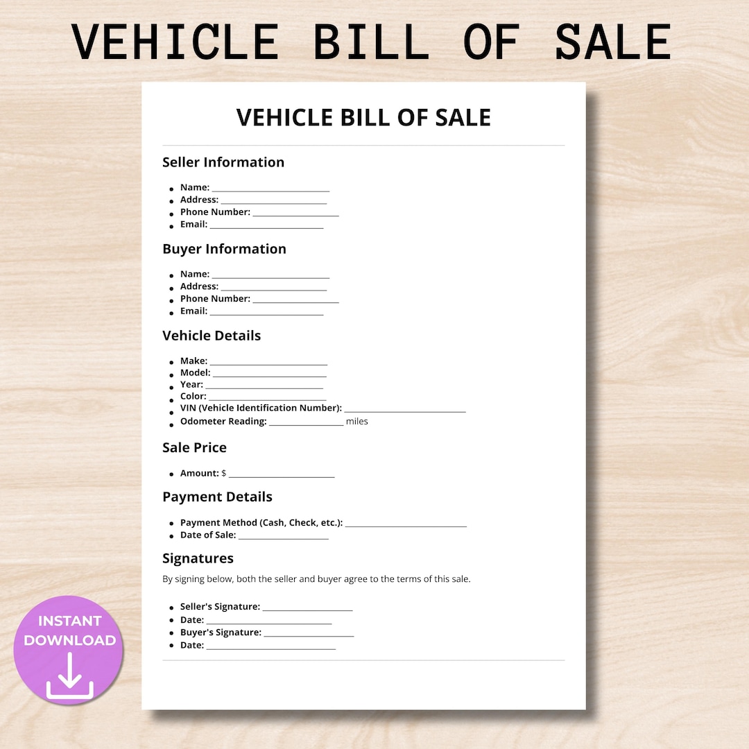 Vehicle Bill of Sale Printable | Car Sale Agreement PDF | Auto Bill of ...