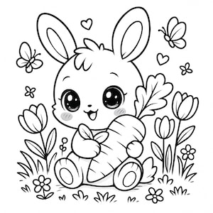 May include: A monochrome illustration of a cartoon rabbit clutching a carrot. The image includes flowers, butterflies, and hearts. The rabbit has large eyes and a cheerful expression.