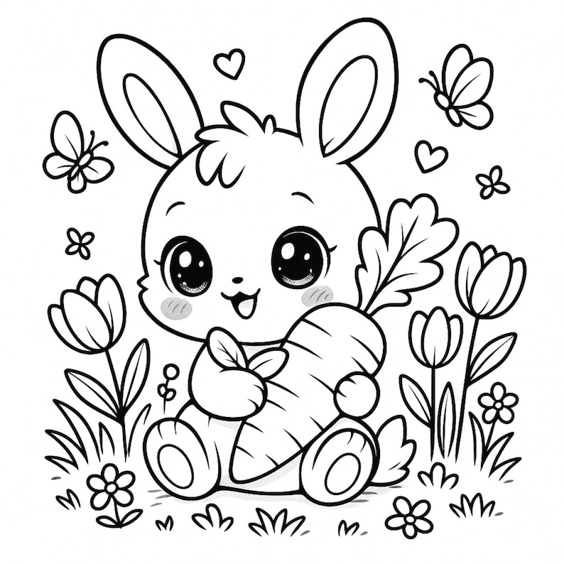 May include: A monochrome illustration of a cartoon rabbit clutching a carrot. The image includes flowers, butterflies, and hearts. The rabbit has large eyes and a cheerful expression.