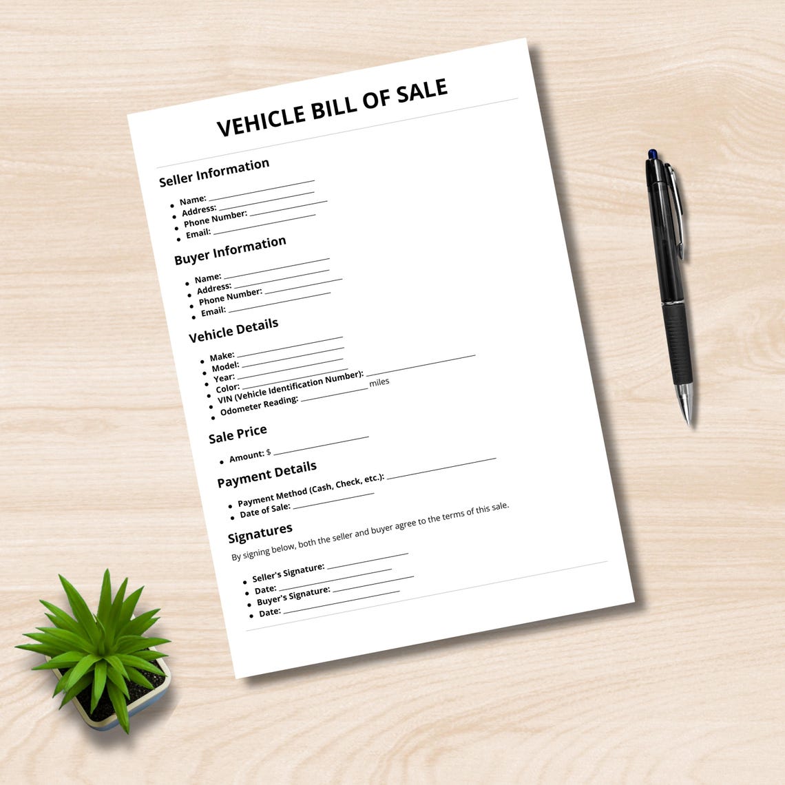 Vehicle Bill of Sale Printable Car Sale Agreement PDF Auto Bill of