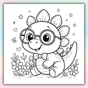 May include: A black and white line drawing of a friendly dinosaur wearing spectacles and a bow tie. The dinosaur is surrounded by flowers, grass, stars, hearts, and a butterfly, creating a whimsical scene.