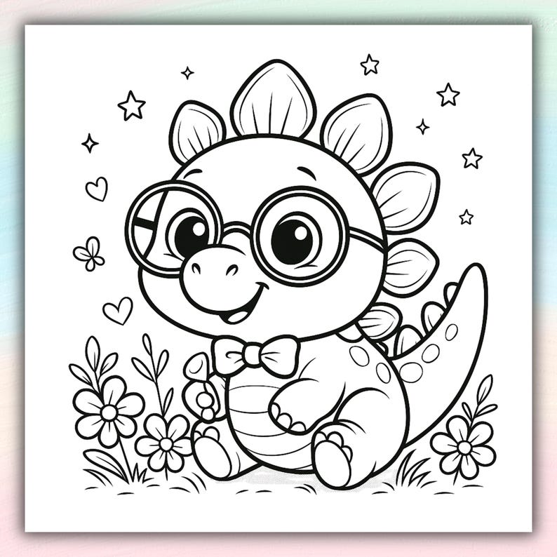 May include: A black and white line drawing of a friendly dinosaur wearing spectacles and a bow tie. The dinosaur is surrounded by flowers, grass, stars, hearts, and a butterfly, creating a whimsical scene.