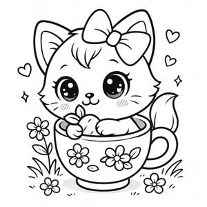 May include: A black and white illustration of a kitten with a bow, sitting in a teacup. The teacup is decorated with flowers, and the background includes hearts, flowers, and grass.