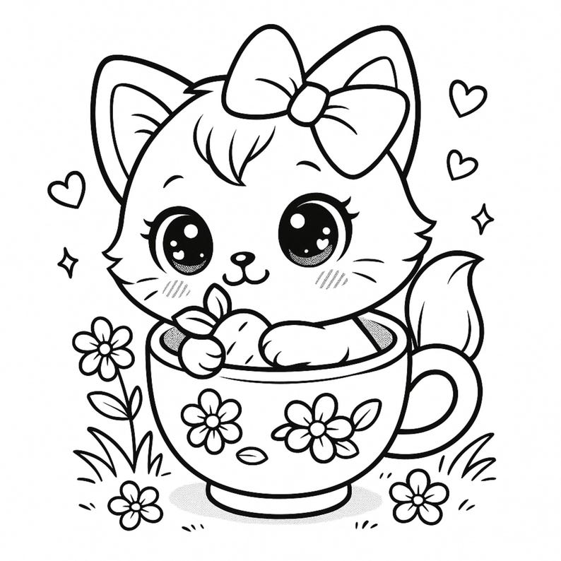 May include: A black and white illustration of a kitten with a bow, sitting in a teacup. The teacup is decorated with flowers, and the background includes hearts, flowers, and grass.