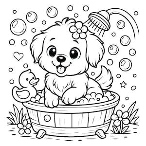 K&ouml;nnte beinhalten: Schwarz-Wei&szlig;-Illustration eines Welpen, der in einer Holzwannen badet. Der Welpe hat eine Blume im Haar und ist von Blasen und einer Quietscheente umgeben. &Uuml;ber dem Welpen befindet sich ein Duschkopf.