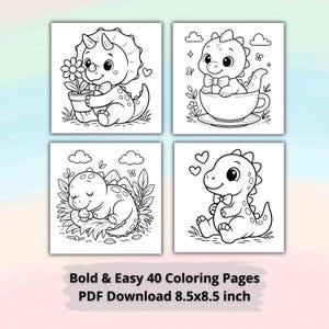 May include: Four square images of dinosaur illustrations for colouring. Each image features a different dinosaur in a cute, cartoon style. The text at the bottom reads "Bold & Easy 40 Colouring Pages PDF Download 8.5x8.5 inch."