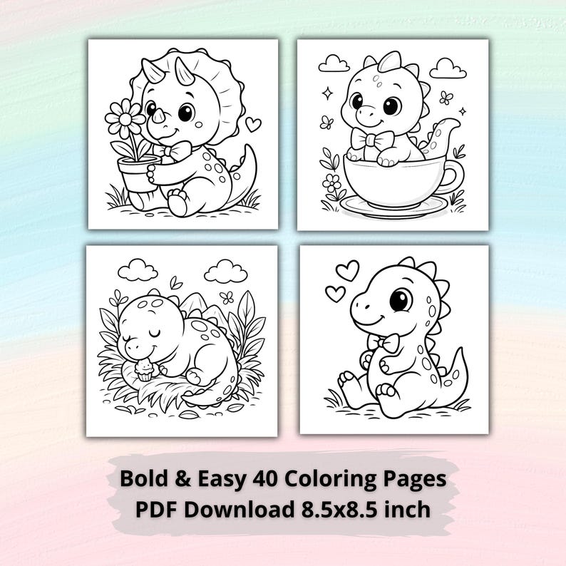 May include: Four square images of dinosaur illustrations for colouring. Each image features a different dinosaur in a cute, cartoon style. The text at the bottom reads "Bold & Easy 40 Colouring Pages PDF Download 8.5x8.5 inch."