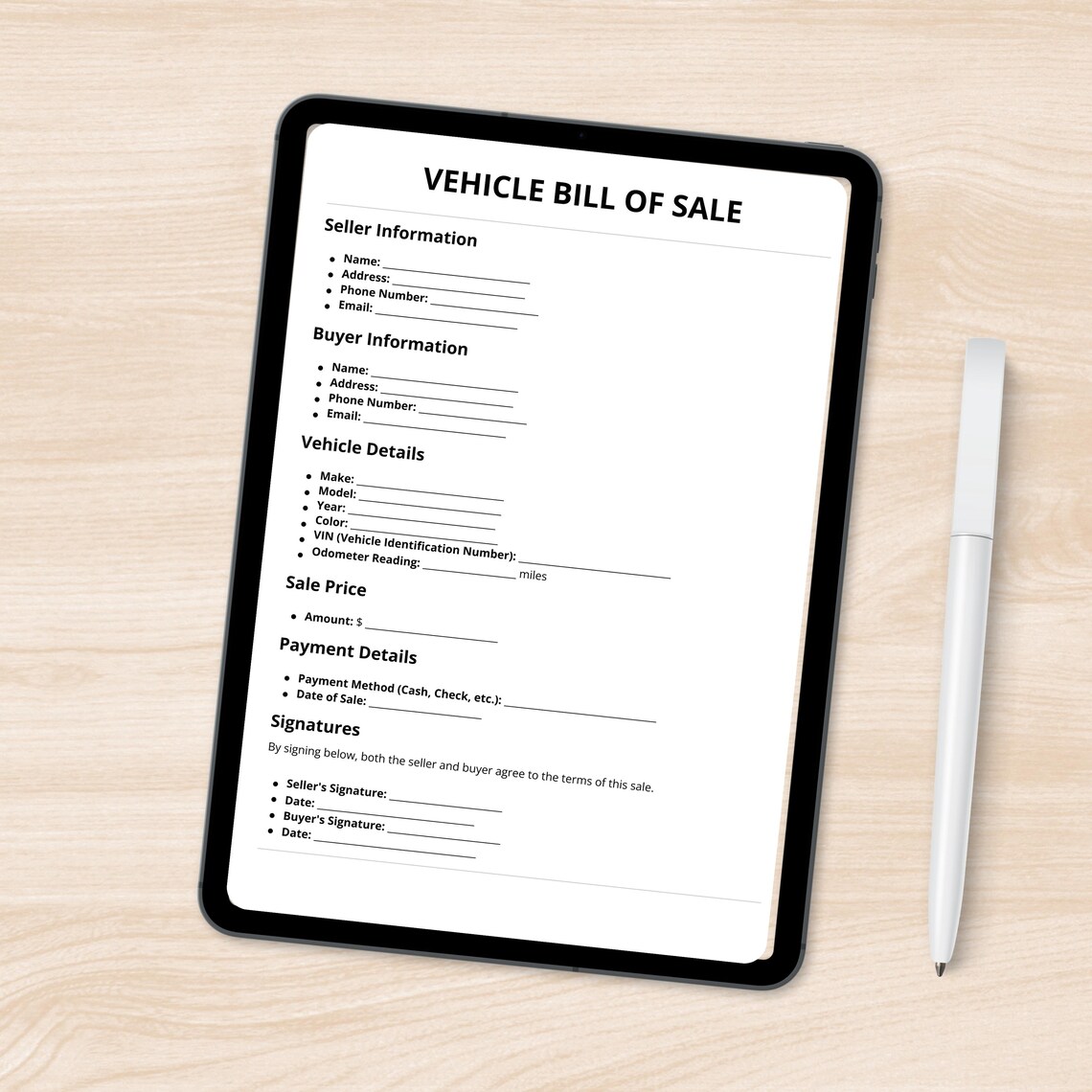 Vehicle Bill of Sale Printable Car Sale Agreement PDF Auto Bill of