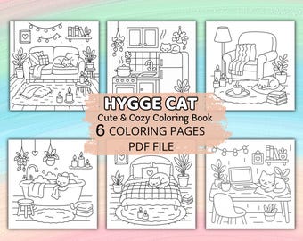 Hygge Cat Coloring Book – Cozy Indoor Scenes with Cute Cats – Printable PDF for Adults & Kids – Relaxing Kawaii Home Coloring Pages