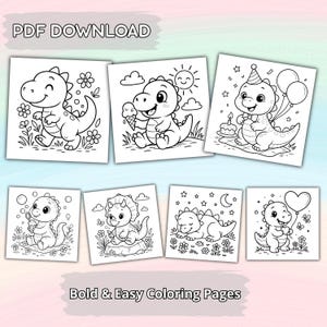 May include: Seven black and white dinosaur coloring pages are displayed. Each page shows a different cartoon dinosaur in various scenes, including eating ice cream and celebrating a birthday. The text "PDF DOWNLOAD" and "Bold & Easy Coloring Pages" are visible.