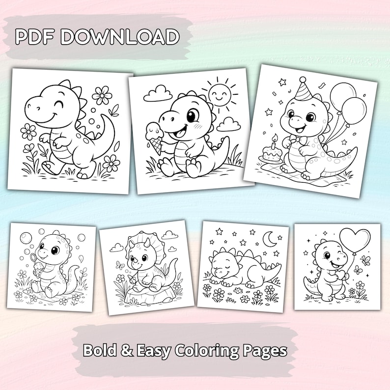 May include: Seven black and white dinosaur coloring pages are displayed. Each page shows a different cartoon dinosaur in various scenes, including eating ice cream and celebrating a birthday. The text "PDF DOWNLOAD" and "Bold & Easy Coloring Pages" are visible.