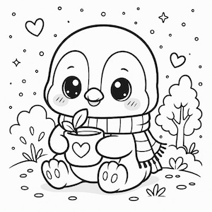 May include: A monochrome illustration of a charming penguin, wearing a scarf, and holding a pot with a heart design and a plant. The penguin is set in a whimsical scene with hearts, stars, and trees.