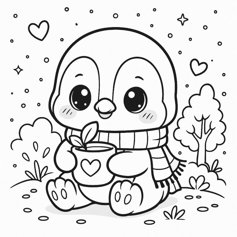 May include: A monochrome illustration of a charming penguin, wearing a scarf, and holding a pot with a heart design and a plant. The penguin is set in a whimsical scene with hearts, stars, and trees.