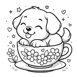 K&ouml;nnte beinhalten: Schwarz-Wei&szlig;-Illustration eines l&auml;chelnden Welpen in einer Teetasse. Die Tasse ist mit floralen Mustern verziert und steht auf einer Untertasse. Herzen und Sterne umgeben die Tasse und schaffen eine skurrile Szene.