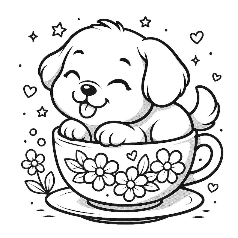 K&ouml;nnte beinhalten: Schwarz-Wei&szlig;-Illustration eines l&auml;chelnden Welpen in einer Teetasse. Die Tasse ist mit floralen Mustern verziert und steht auf einer Untertasse. Herzen und Sterne umgeben die Tasse und schaffen eine skurrile Szene.