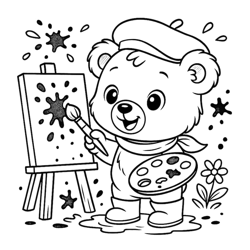 May include: A black and white illustration of a bear wearing a beret and scarf, holding a paintbrush and palette. The bear is painting on a canvas on an easel, with paint splatters around the canvas. A flower and paint splotches are also in the image.
