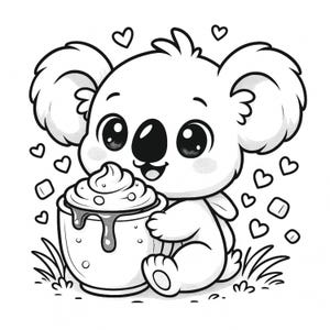 May include: A black and white cartoon illustration of a koala bear holding a cup of whipped cream. The koala is surrounded by heart shapes. The image is drawn in a cute, cartoon style.