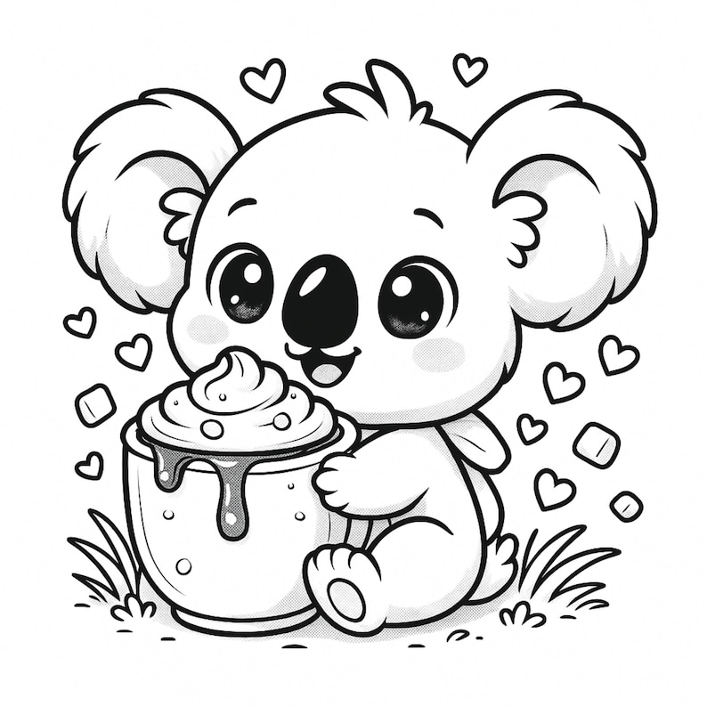 May include: A black and white cartoon illustration of a koala bear holding a cup of whipped cream. The koala is surrounded by heart shapes. The image is drawn in a cute, cartoon style.