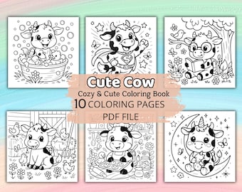 10 Cute Cow Coloring Pages – 10 Printable Adorable Cow Coloring Book, Instant Download for Kids & Adults, Bold and easy, Stress Relief