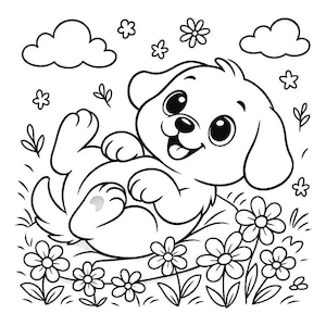 K&ouml;nnte beinhalten: Schwarz-Wei&szlig;-Illustration eines verspielten Welpen, der in einem Blumenfeld liegt. Der Welpe hat gro&szlig;e Augen und einen fr&ouml;hlichen Ausdruck. Wolken und zus&auml;tzliche Blumen befinden sich im Hintergrund.