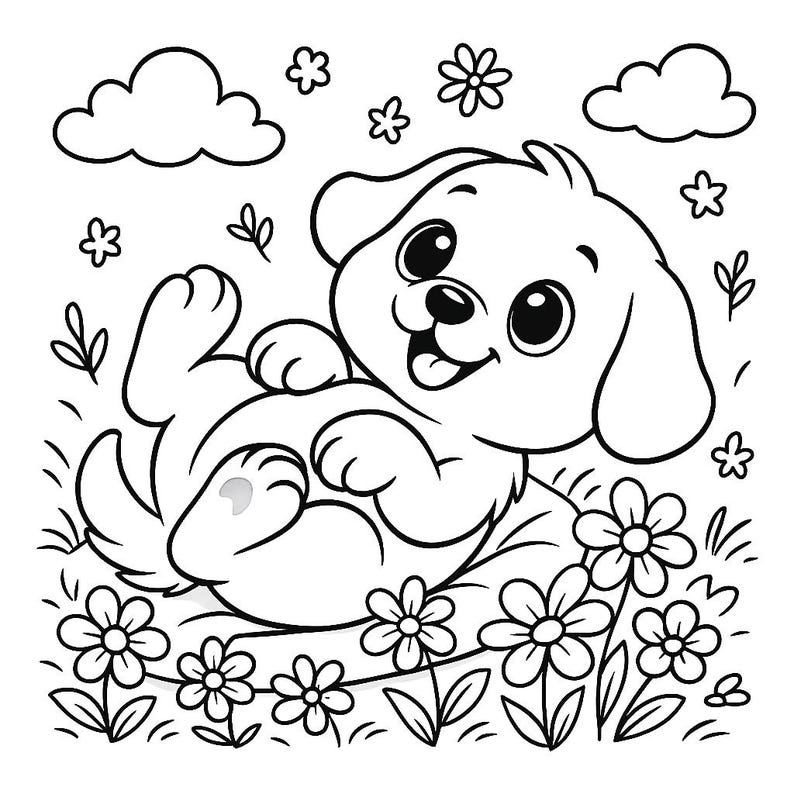 K&ouml;nnte beinhalten: Schwarz-Wei&szlig;-Illustration eines verspielten Welpen, der in einem Blumenfeld liegt. Der Welpe hat gro&szlig;e Augen und einen fr&ouml;hlichen Ausdruck. Wolken und zus&auml;tzliche Blumen befinden sich im Hintergrund.