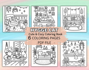 Hygge Cat Coloring Pages – Cozy Indoor Scenes with Cute Cats – Printable PDF for Adults & Kids – Relaxing Kawaii Home Coloring Book
