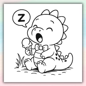 May include: Black and white cartoon illustration of a dinosaur with an ice cream cone. The dinosaur wears a bow tie and has a speech bubble with the letter "Z". The dinosaur is sitting on grass.