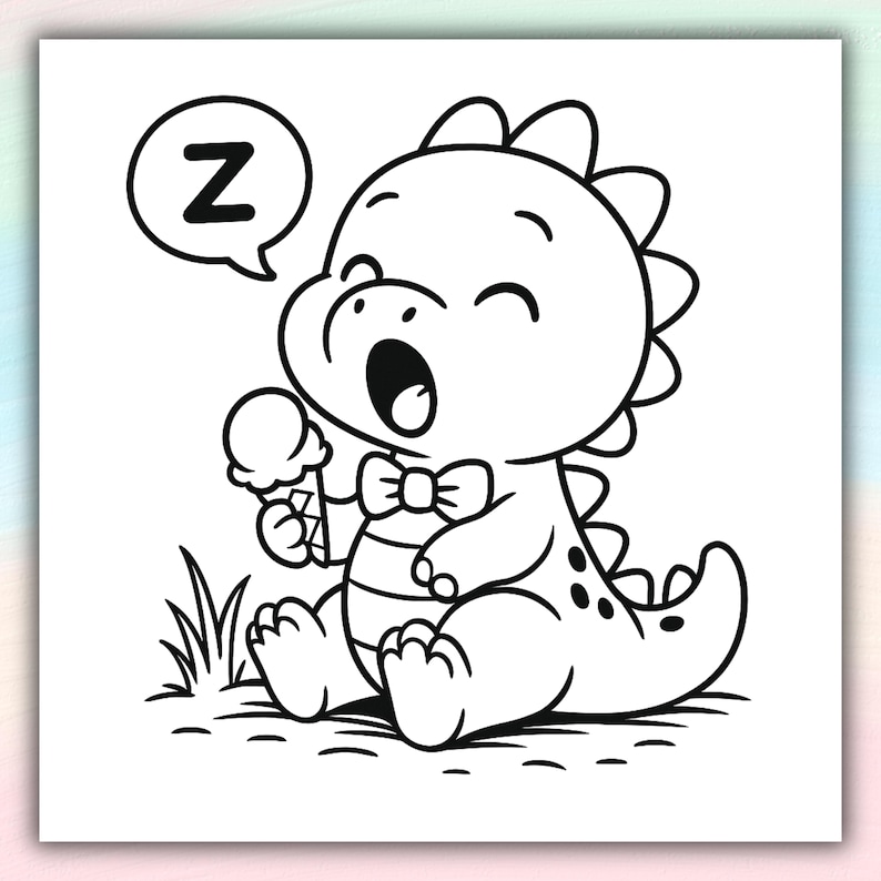 May include: Black and white cartoon illustration of a dinosaur with an ice cream cone. The dinosaur wears a bow tie and has a speech bubble with the letter "Z". The dinosaur is sitting on grass.
