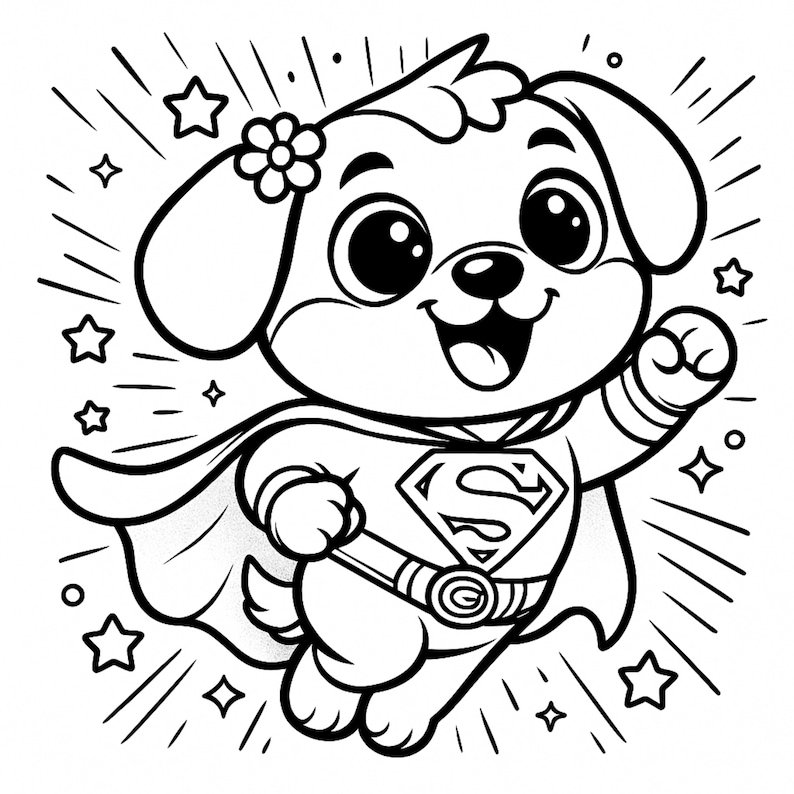 May include: A black and white cartoon illustration of a dog in a superhero costume, complete with a cape and the Superman emblem. The dog is smiling, with stars and lines suggesting movement.