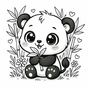 May include: A black and white cartoon illustration of a panda. The panda has large eyes and is holding bamboo leaves. Bamboo stalks, flowers, and hearts surround the panda, all in a black and white line art style.