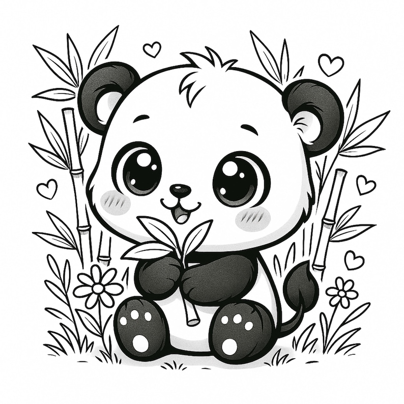 May include: A black and white cartoon illustration of a panda. The panda has large eyes and is holding bamboo leaves. Bamboo stalks, flowers, and hearts surround the panda, all in a black and white line art style.