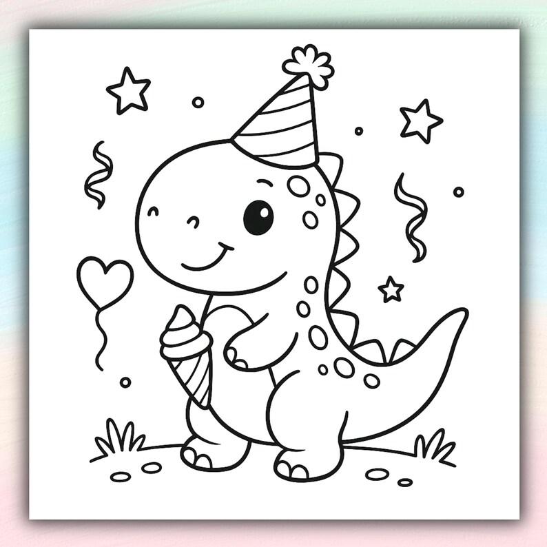 May include: A monochrome cartoon illustration of a friendly dinosaur wearing a party hat and holding an ice cream cone. The image features stars, a heart-shaped balloon, and decorative swirls, suggesting a birthday celebration.