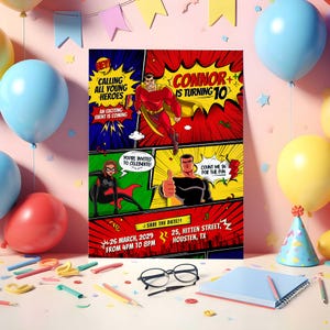 Convite de aniversário de super-herói, modelo editável para festa infantil, convite para impressão em estilo de história em quadrinhos, download instantâneo