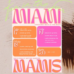 Summer Girls Trip Bachelorette Itinerary Miami Party Theme Destination Canva Template