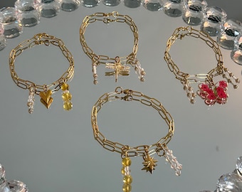 Gold Chain-Link Charm Bracelet, Stainless Steel Accents