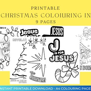 May include: A collection of printable Christmas coloring pages with religious themes. The pages feature various illustrations, including the text "Jesus", Christmas lights, and a candy cane. The text "Instant Printable Download - A4 Colouring Pages" is also visible.