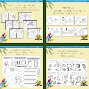 Christian Toddler Learning Pack Printable | ABC Tracing, Numbers & Shapes | Preschool Homeschool Activities | Bible Alphabet Worksheets