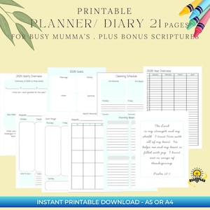 Printable Planner Diary for Busy Mums, A5/A4, Bonus Scriptures (Digital Download)