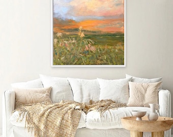 Original Sunset Landscape Oil Painting on Canvas (24x24 inch), Christmas Gift