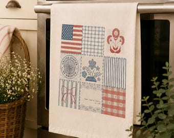 Vintage Americana Tea Towel | Patchwork Quilt Kitchen Towel | Cottagecore Patriotic Kitchen Decor | Sweet Land of Liberty