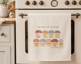 Fruit of the Spirit theedoek | Christelijke keukenhanddoek | Galaten 5:22-23 biologisch katoenen handdoek | Cottagecore-decoratie met bijbeltekst