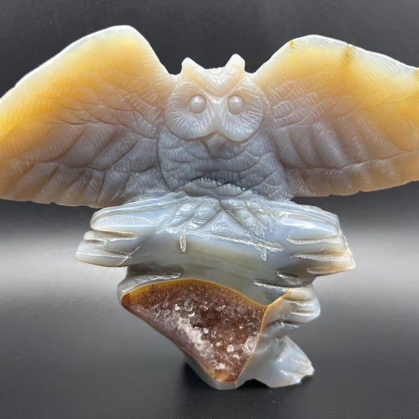 Agate Owl Carving: Drusy Crystal Log Statue - Crystal Animal Decor