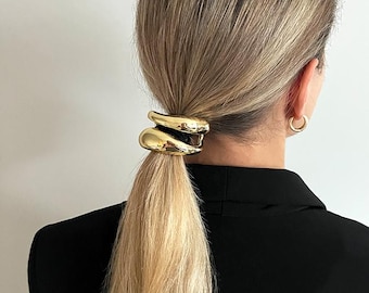 Metal Ponytail Holder, Irregular Silver Elastic Hair Band, Glossy Curved Hair Cuff, Gold Hair Tie, Minimalist Hair Accessories, Gift For Her