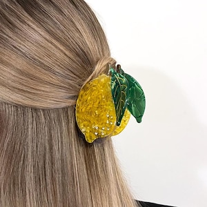 Haarspeld citroen, haarspeld geel fruit, haarklem acetaat, leuke haaraccessoires, haarspeld strass, cadeau voor citroenliefhebber, cadeau voor haar