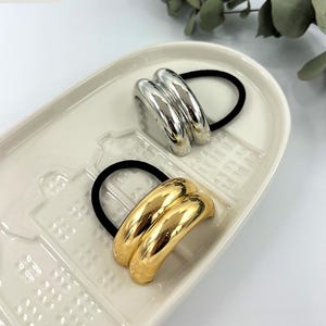 Metal Ponytail Holder, Double Arch Elastic Hair Band, Glossy Curved Hair Cuff, Gold Silver Hair Tie