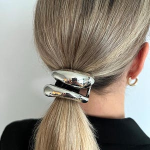 Pu&ograve; includere: Un fermaglio per capelli argentato con un design liscio e arrotondato. Il fermaglio per capelli &egrave; in metallo e ha una finitura lucida.