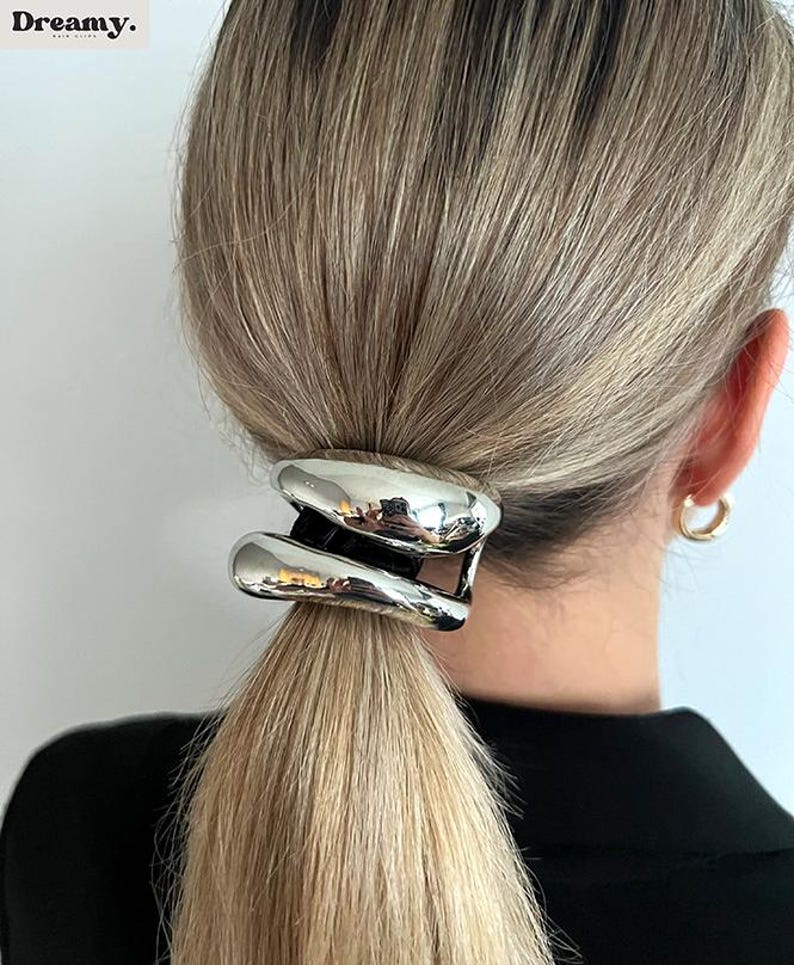 Pu&ograve; includere: Un fermaglio per capelli argentato con un design liscio e arrotondato. Il fermaglio per capelli &egrave; in metallo e ha una finitura lucida.