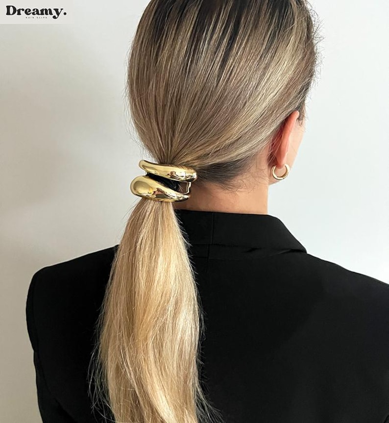 Metal Ponytail Holder, Irregular Silver Elastic Hair Band, Glossy Curved Hair Cuff, Gold Hair Tie