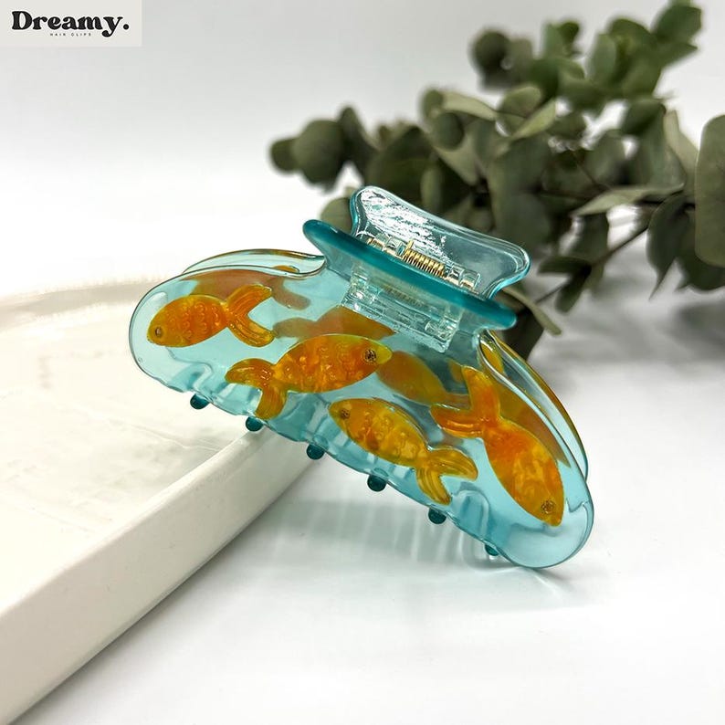 Goldfish Hair Clip, Cat Hair Clip, Fish Hair Claw, Fun Hair Accessories, White Blue Acetate Hair Clip, Transparent Hair Clamp