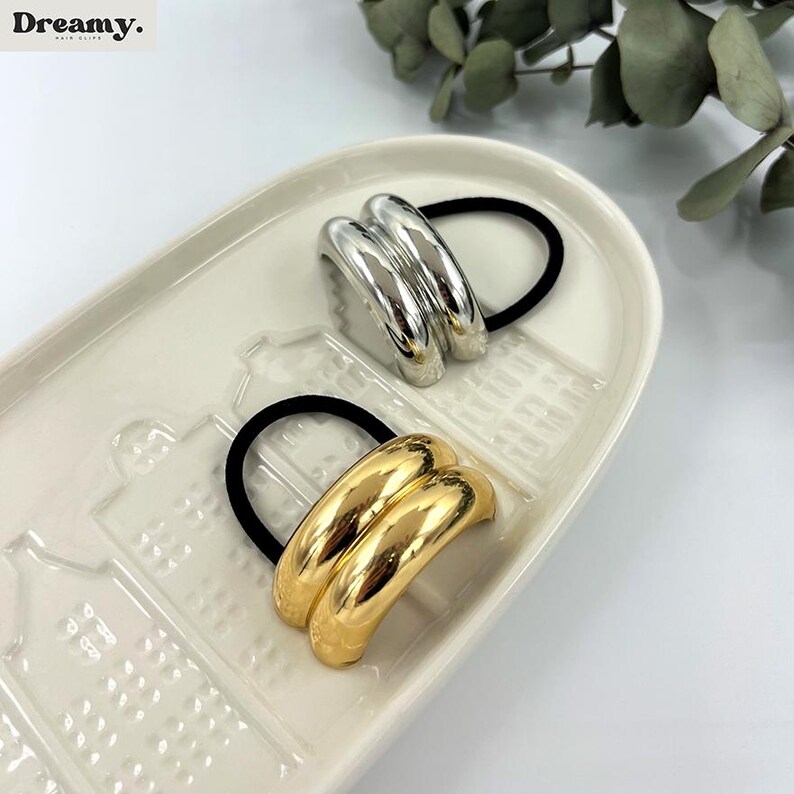 Metal Ponytail Holder, Double Arch Elastic Hair Band, Glossy Curved Hair Cuff, Gold Silver Hair Tie
